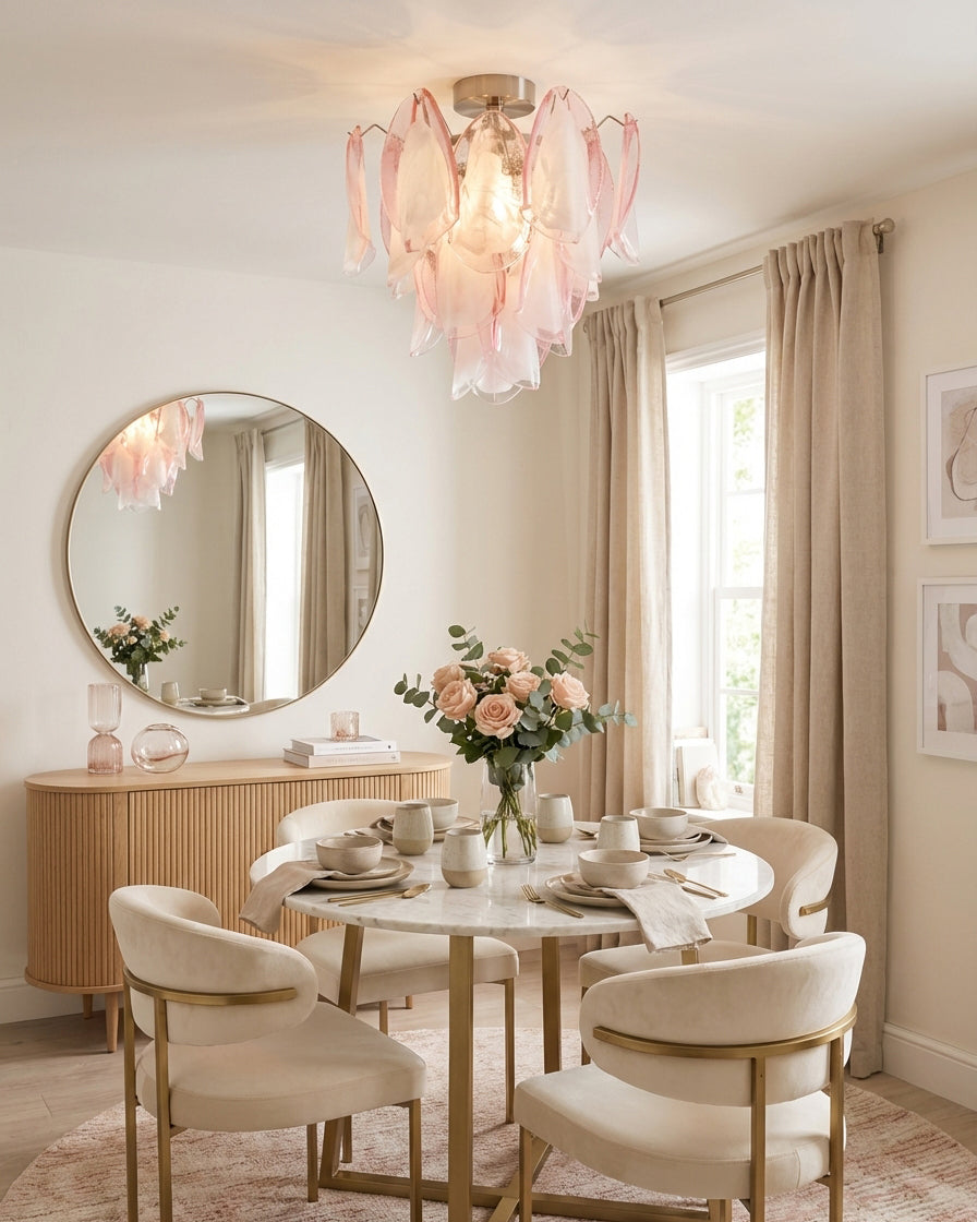 Bluselle Curated Mouth-Blown Frosted Glass Flush installed in residential dining space
