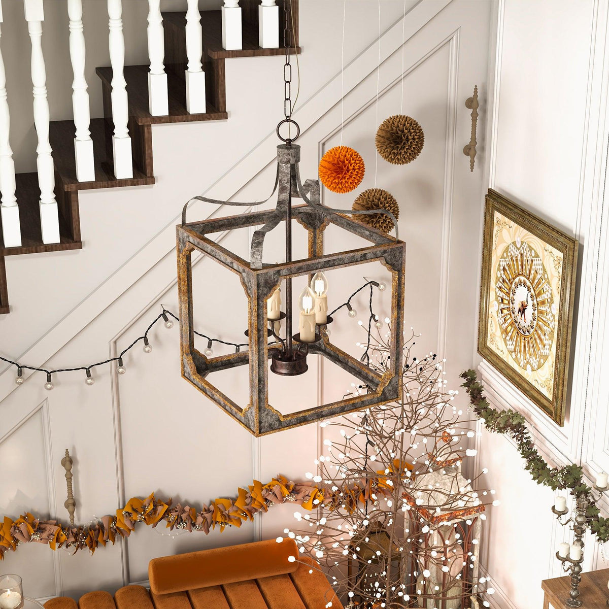 Finished Iron craftsmanship detail on Boho Rustic Cube Curated Finished Iron Chandelie