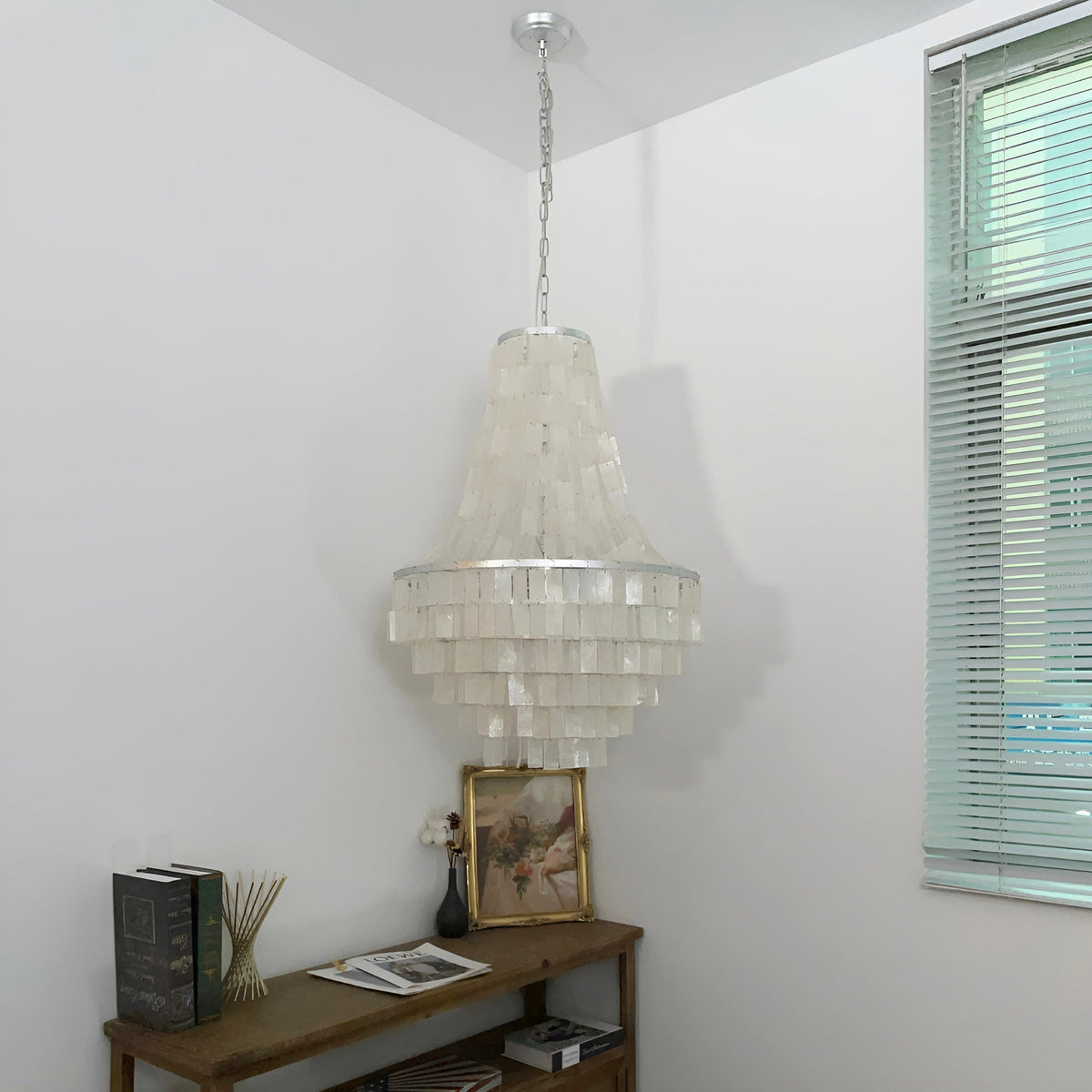 Boho Shell Tiered Curated Iron & Glass Chandelie – full fixture elevation view