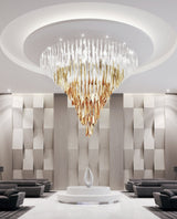 Breeze Curated Mouth-Blown Frosted Glass Chandel – spatial dining room perspective