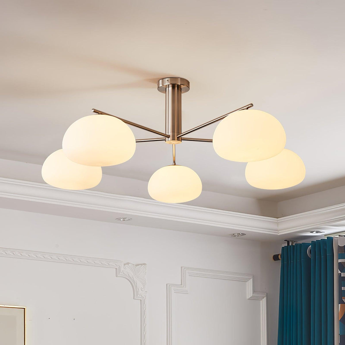 Briette Curated Mouth-Blown Frosted Glass Chande installed in residential dining space