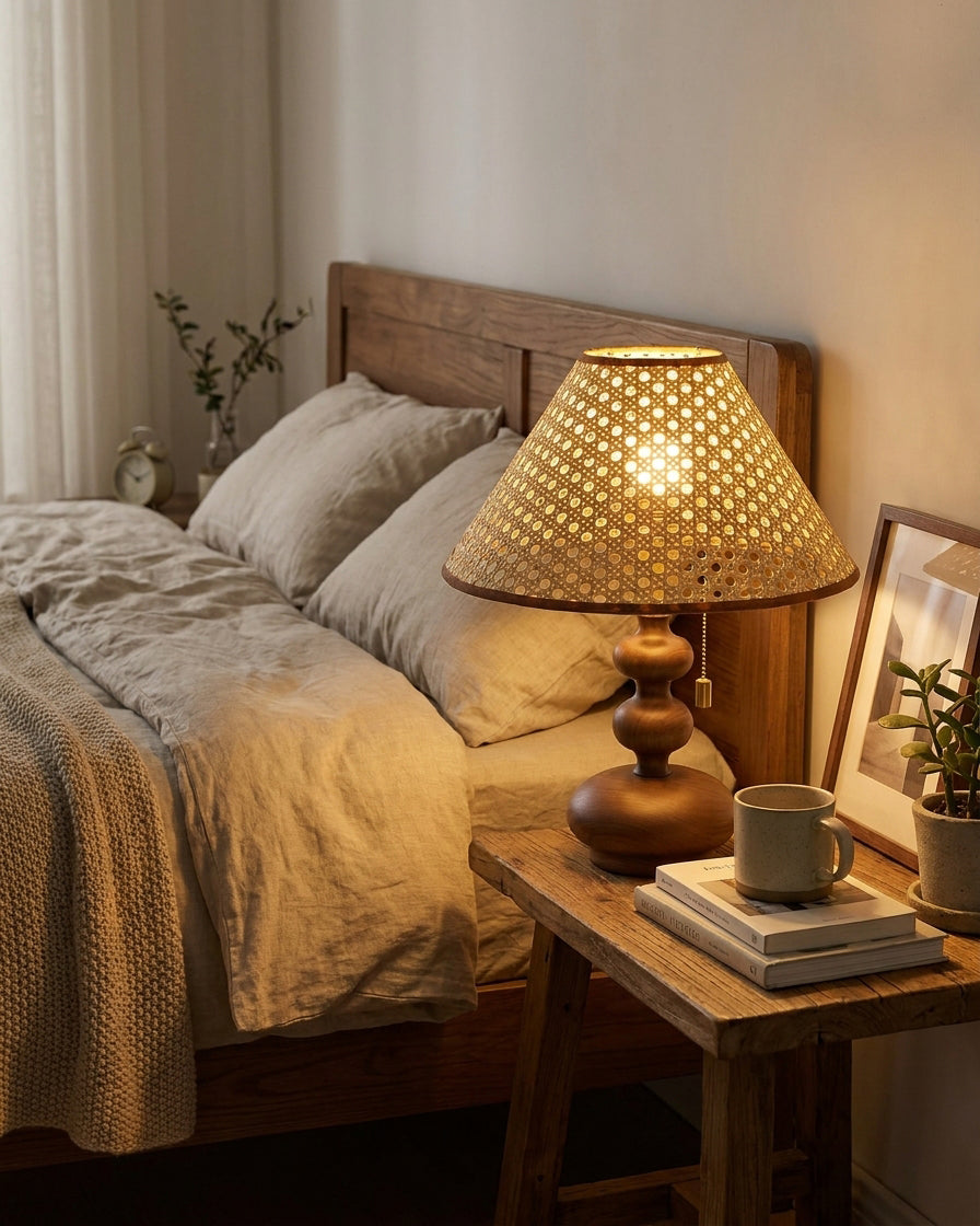 Brimley Curated Solid Hardwood Table Lamp – illuminated warm ambiance setting