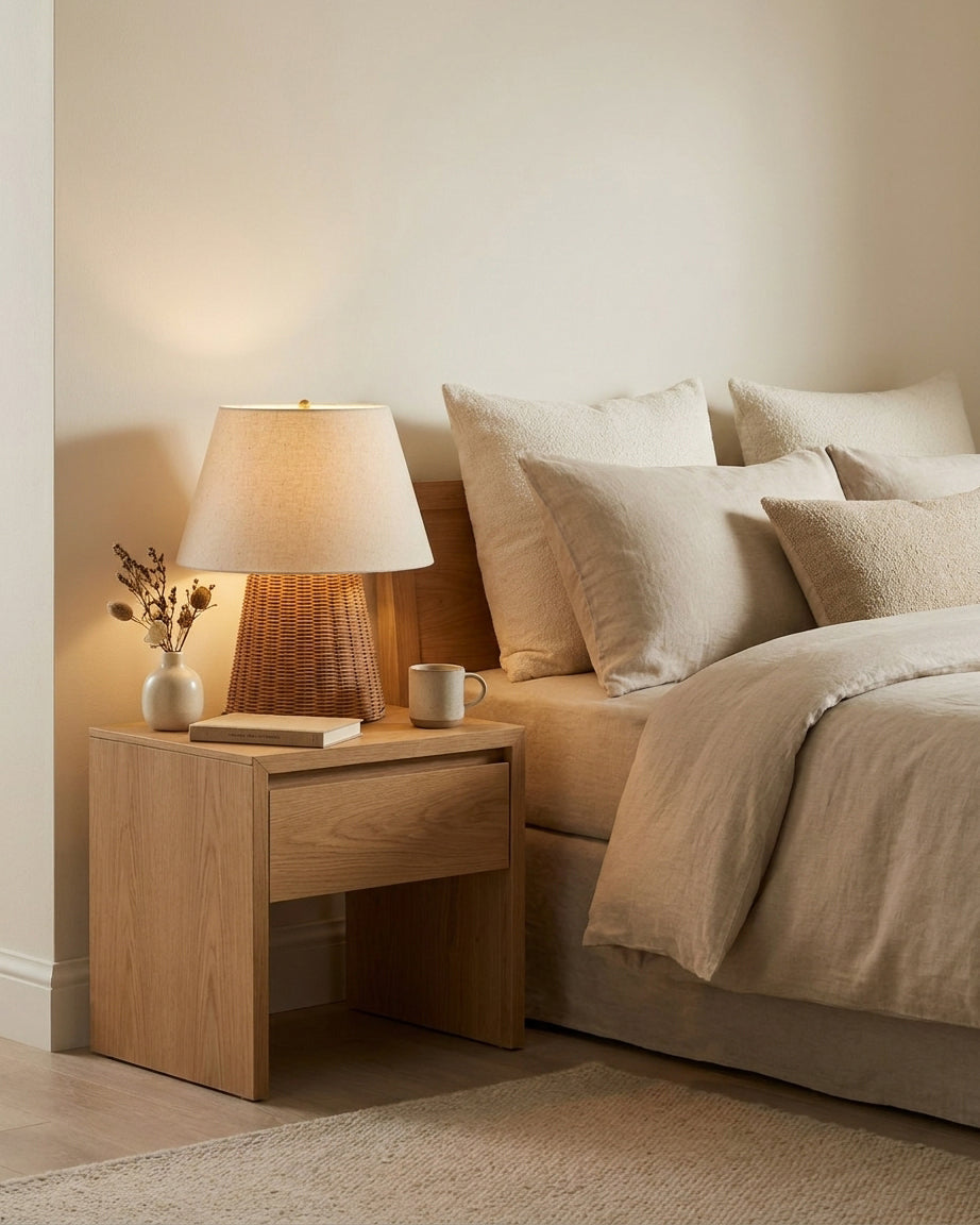 Briora Woven Curated Woven Rattan Table Lamp – dimensional scale reference