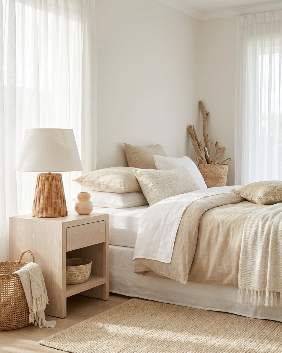 Briora Woven Curated Woven Rattan Table Lamp – unlit natural material contrast