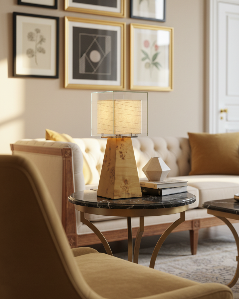 Burlspire Curated Mouth-Blown Frosted Glass Tabl warm illuminated room view