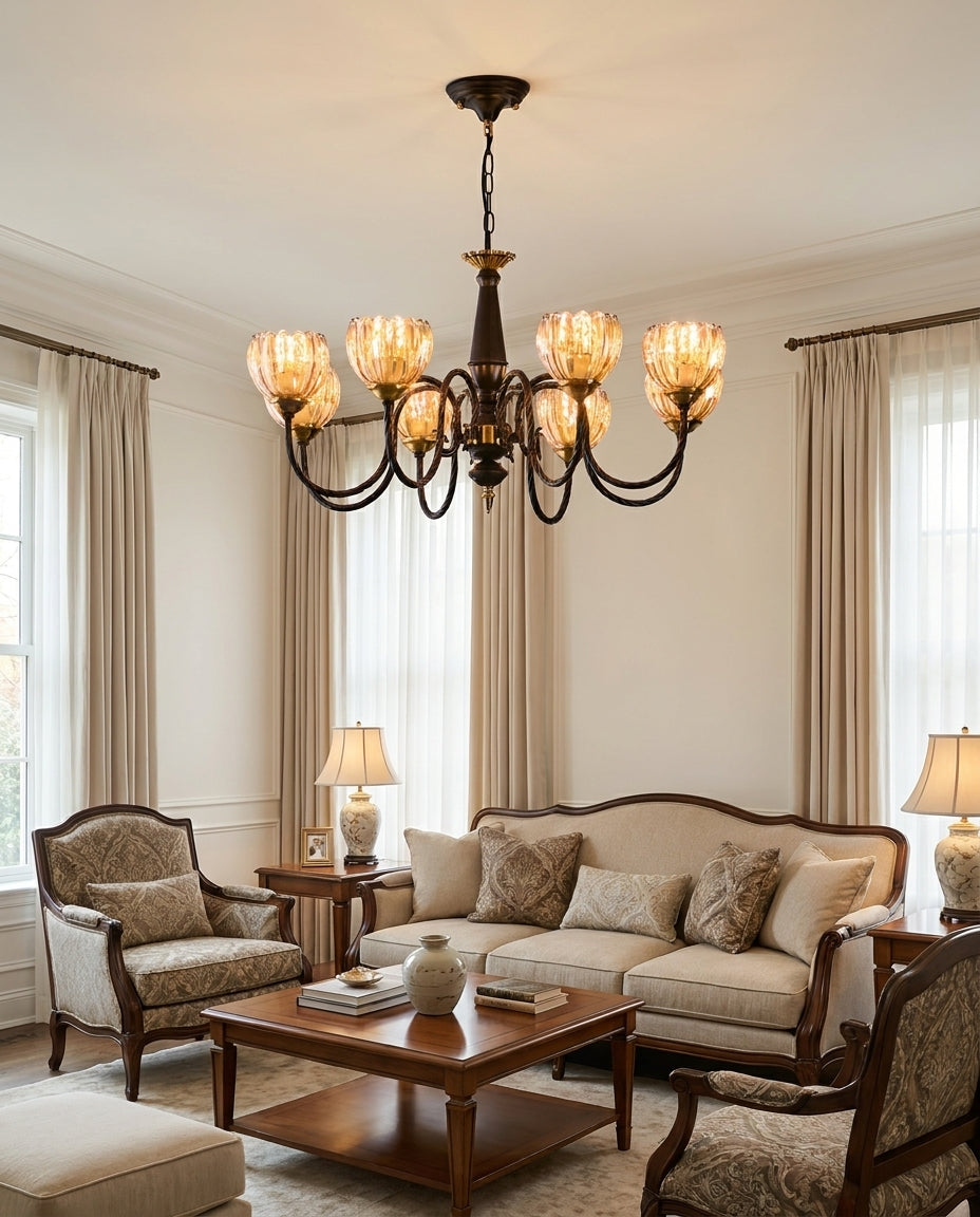 Caldorin Curated Amber Art Glass Chandelier warm illuminated room view