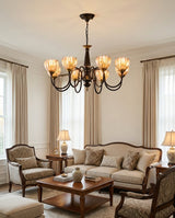 Caldorin Curated Amber Art Glass Chandelier warm illuminated room view