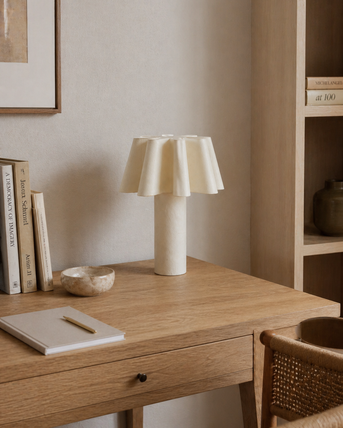 Calora Curated Iron & Glass Table Lamp warm illuminated room view