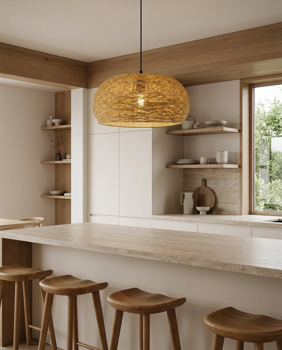 Calvessa Curated Woven Rattan Pendant Light installed in residential dining space