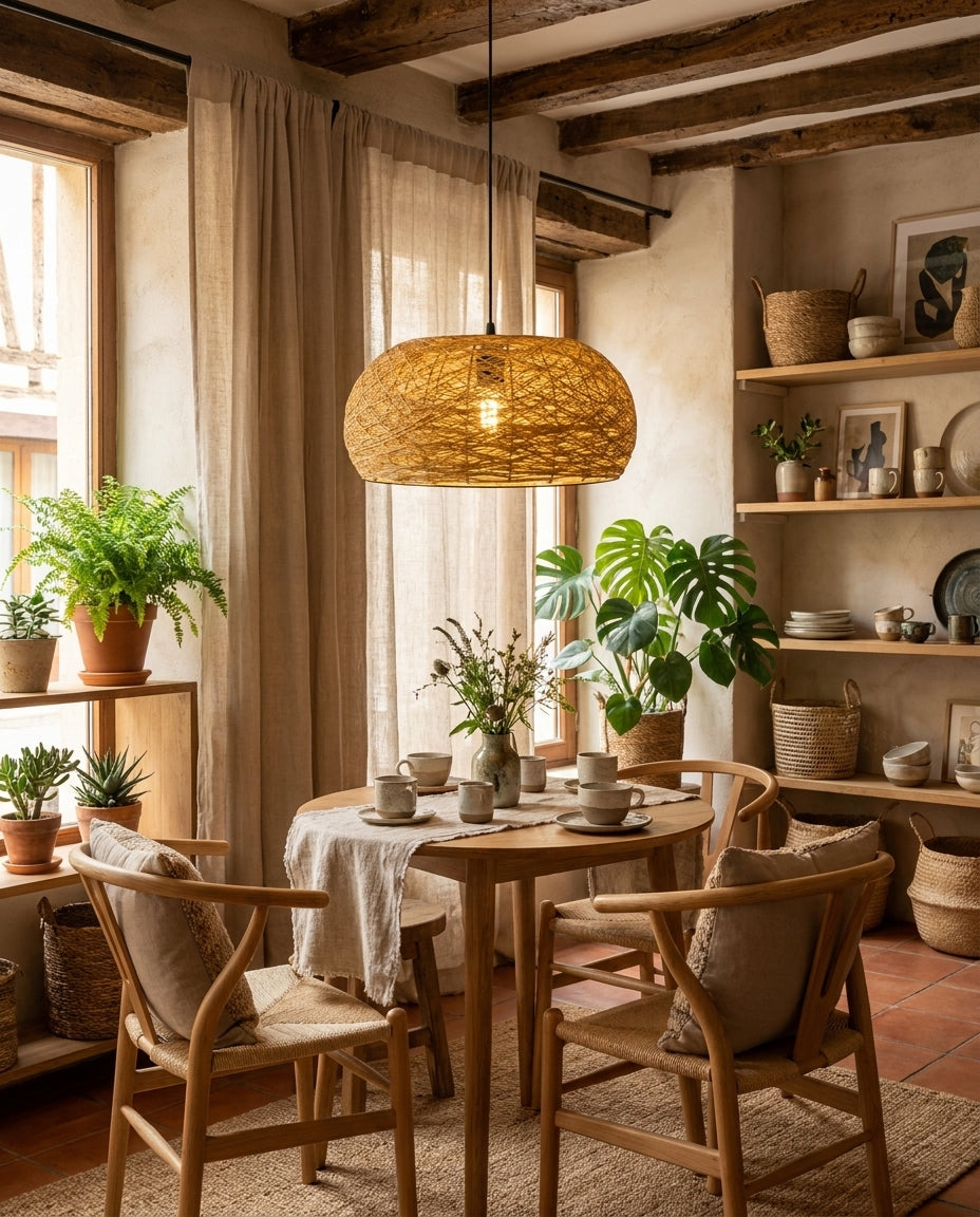 Woven Rattan craftsmanship detail on Calvessa Curated Woven Rattan Pendant Light
