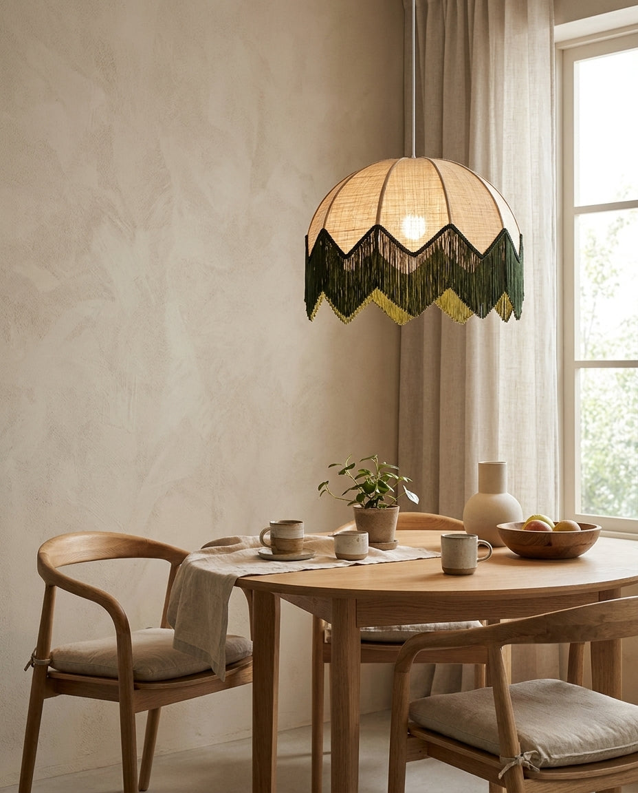 Calyvera Curated Iron & Glass Pendant Light warm illuminated room view