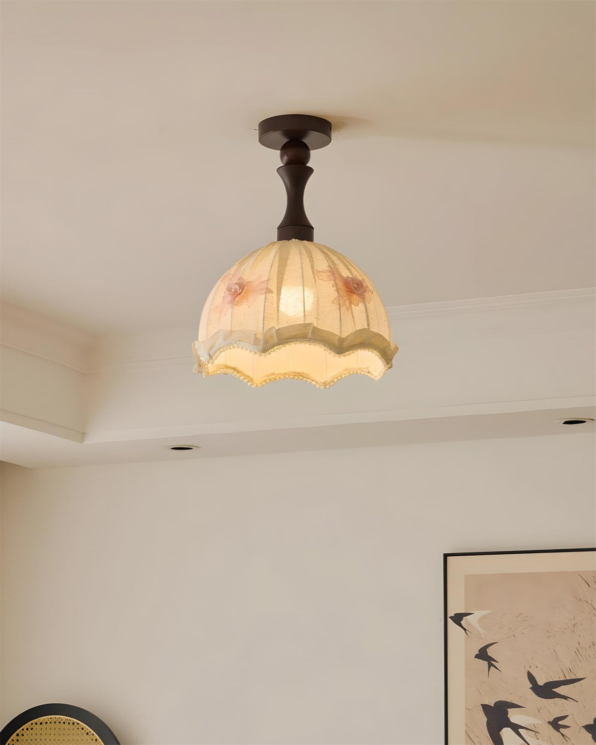 Camélia Curated Solid Hardwood Flush Mount Ceili – illuminated warm ambiance setting
