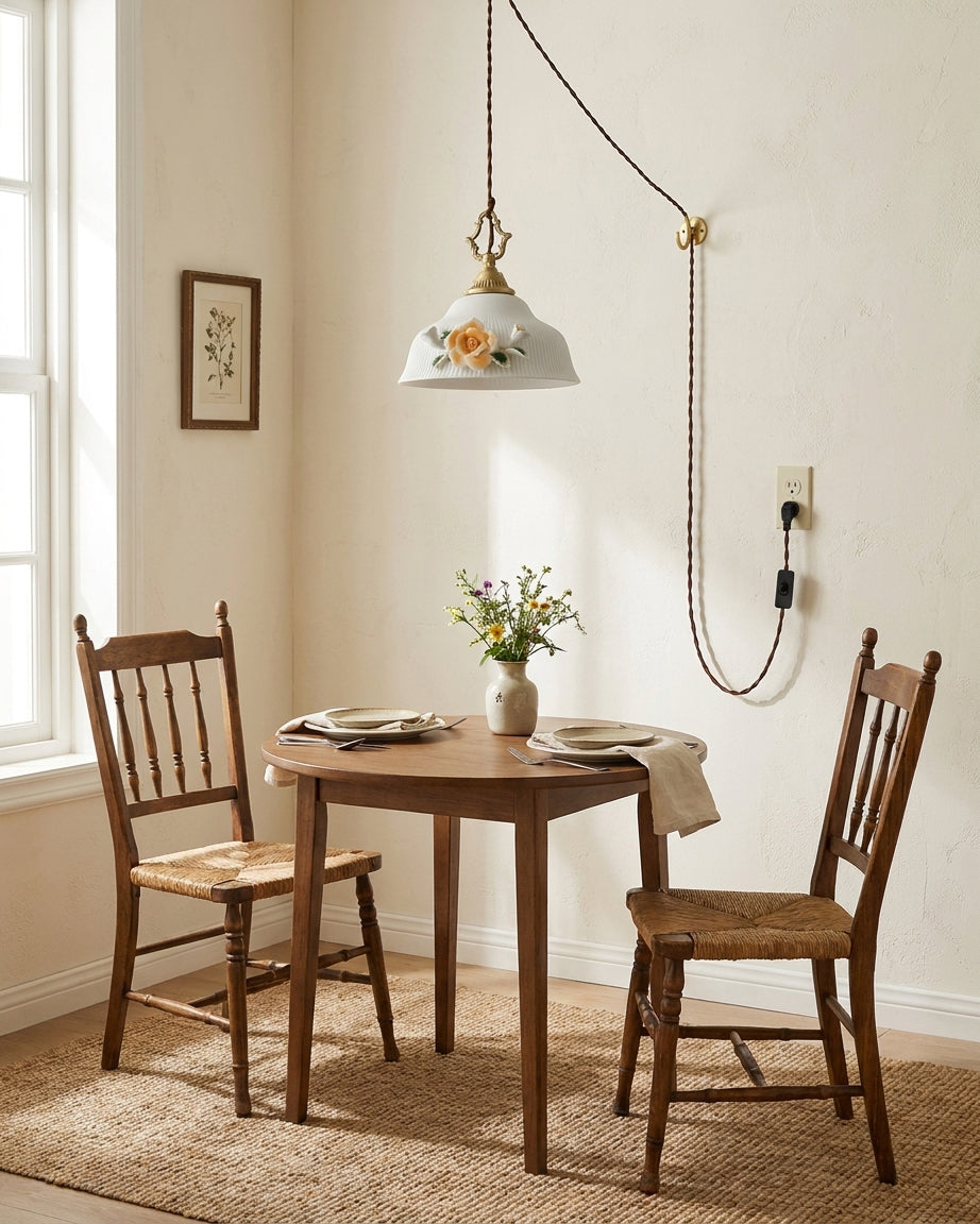 Camellia Grace Curated Solid Brass Pendant Light warm illuminated room view