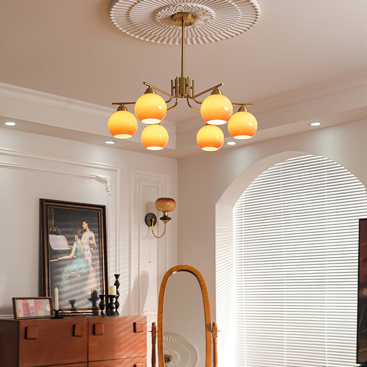 Caramel Sphere Curated Mouth-Blown Frosted Glass warm illuminated room view