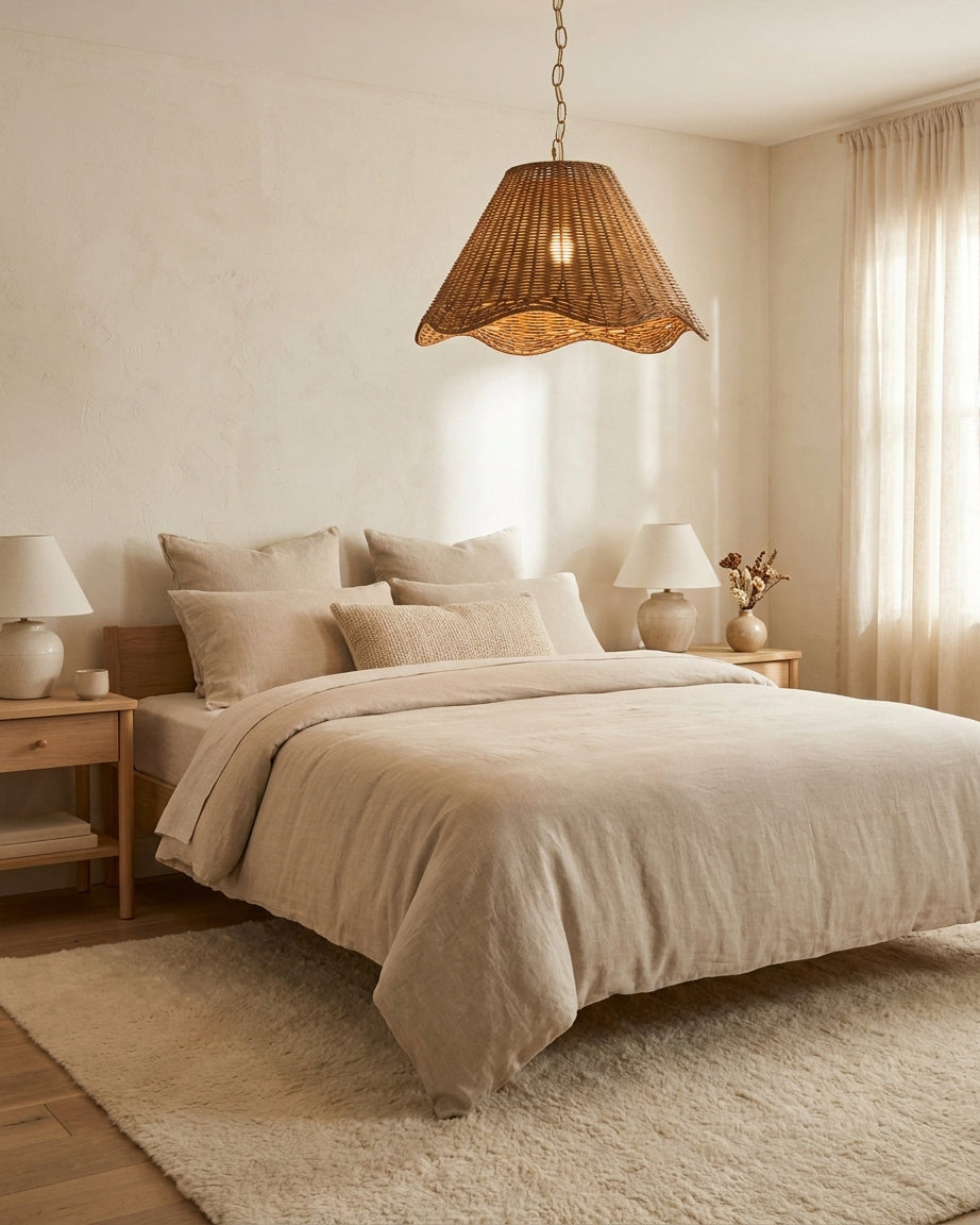 Carmelle Curated Woven Rattan Pendant Light warm illuminated room view