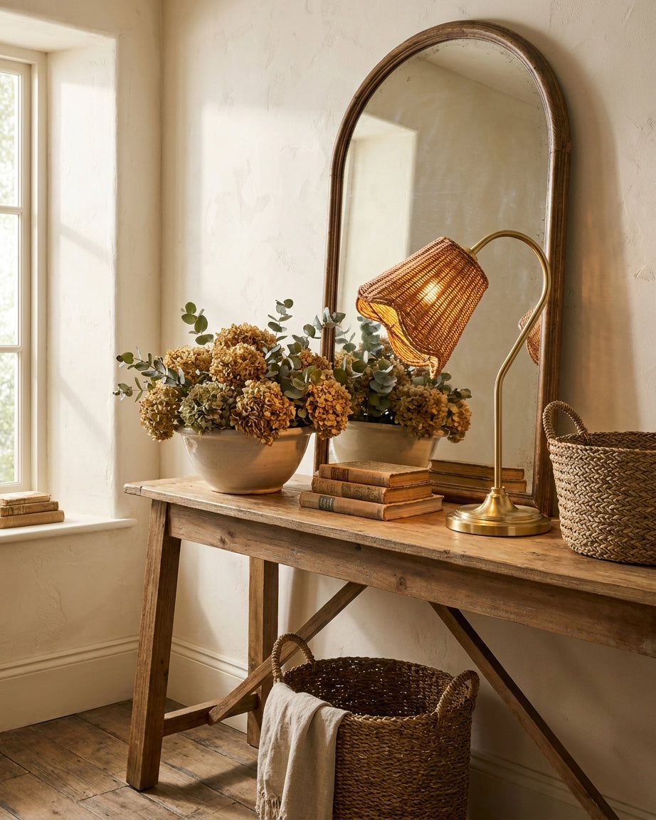 Carmelle Curated Woven Rattan Table Lamp – structural canopy joint detail