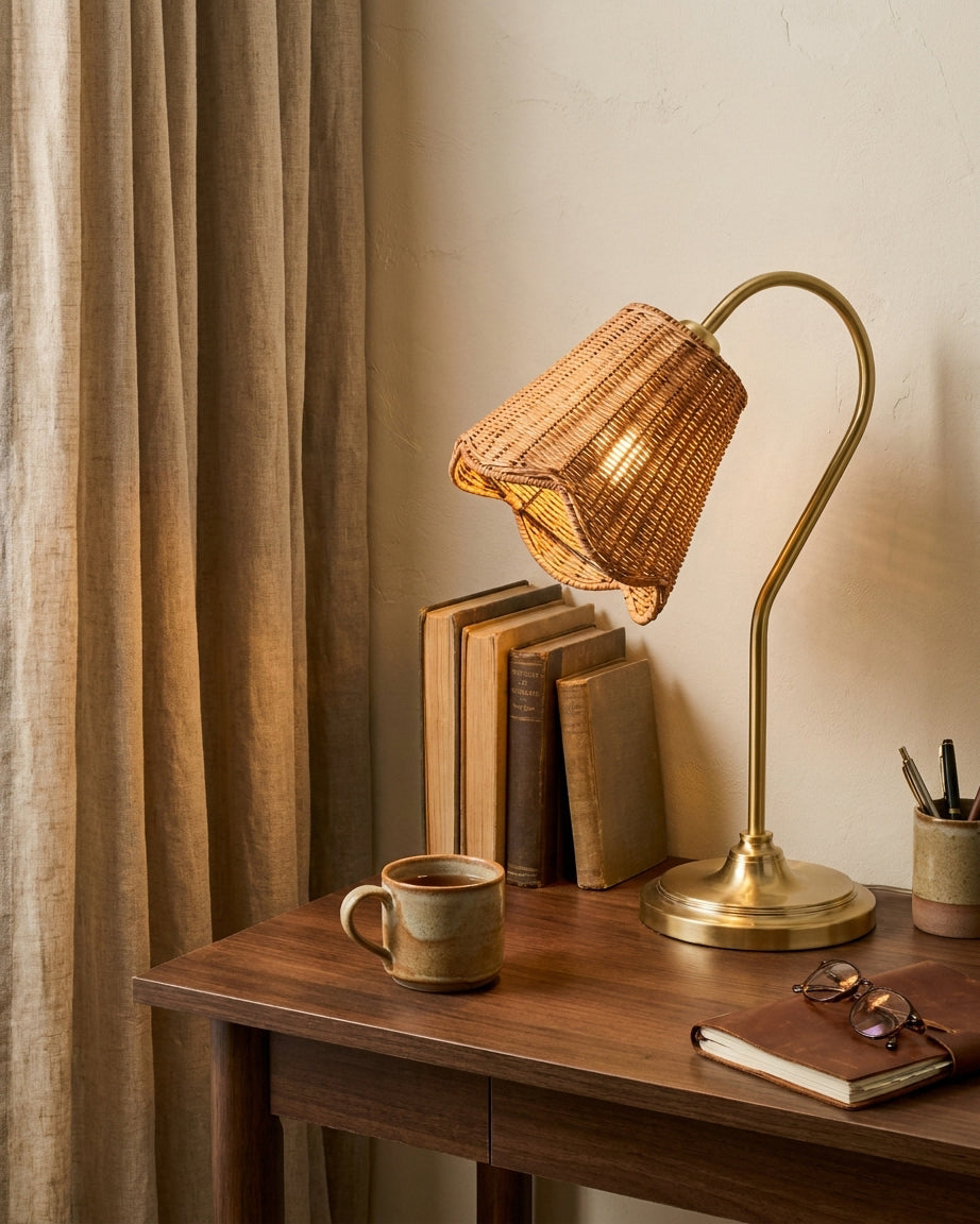 Woven Rattan craftsmanship detail on Carmelle Curated Woven Rattan Table Lamp