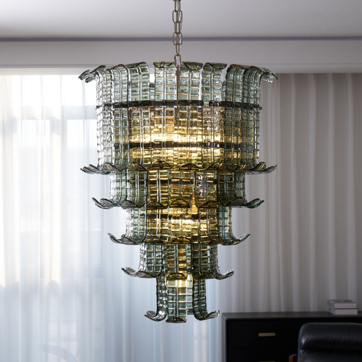 Cascade Glass Green Chandelier – Handcrafted Material Texture and Detail View