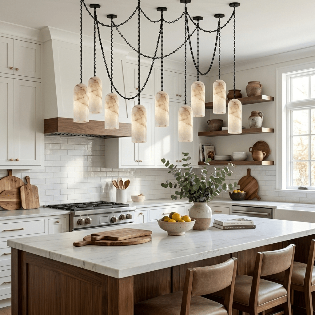 Cascading Chain Capsule Curated Alabaster Chande – illuminated warm ambiance setting