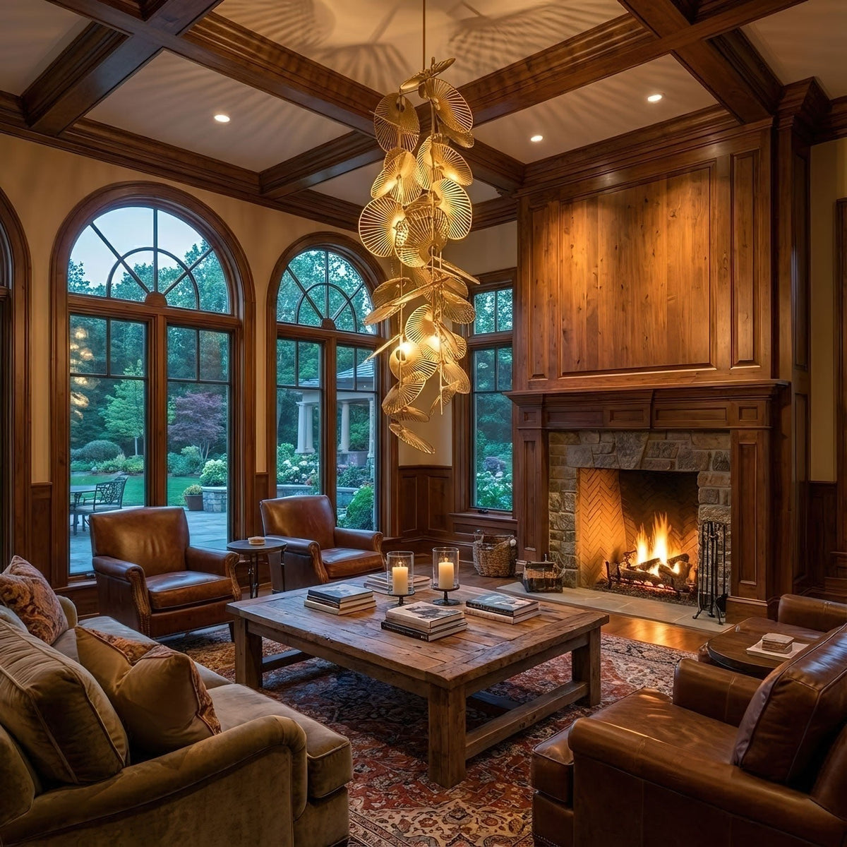 Cattail Leaf Curated Iron & Glass Chandelier – illuminated warm ambiance setting