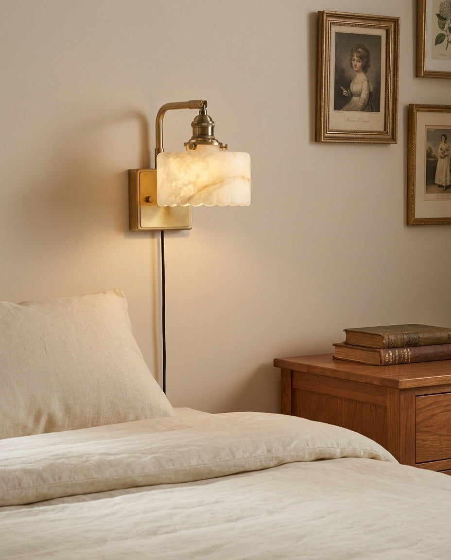 Cavella Alabaster Curated Alabaster Wall Sconce warm illuminated room view