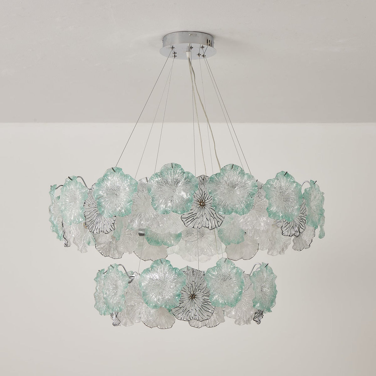 Celadine Curated Mouth-Blown Frosted Glass Chand – spatial dining room perspective #1