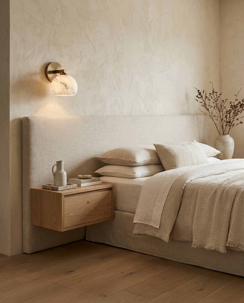 Celadyn Alabaster Curated Alabaster Wall Sconce warm illuminated room view