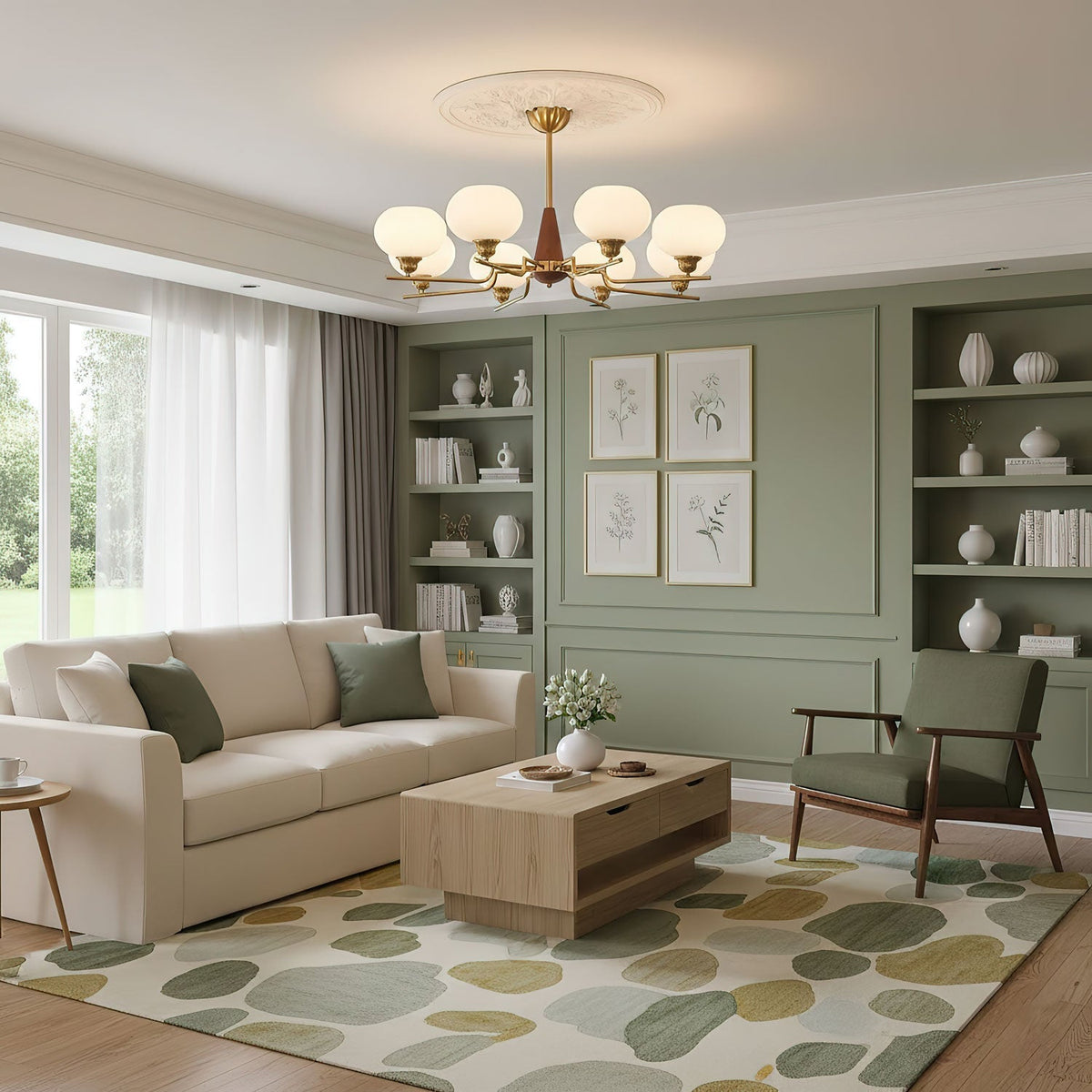 Celeste Sphere Walnut Curated Mouth-Blown Froste – illuminated warm ambiance setting