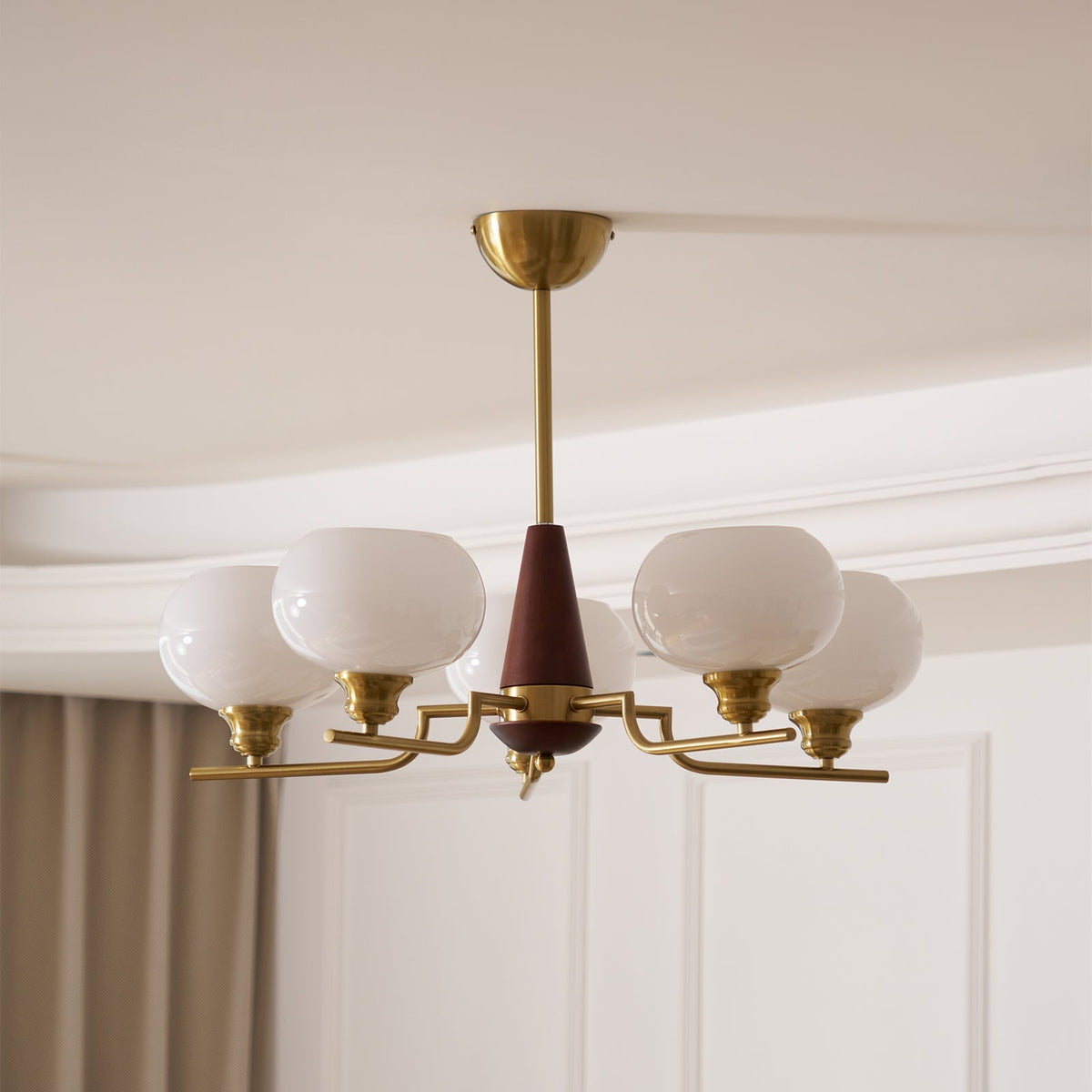 Celeste Sphere Walnut Curated Mouth-Blown Froste – unlit natural material contrast
