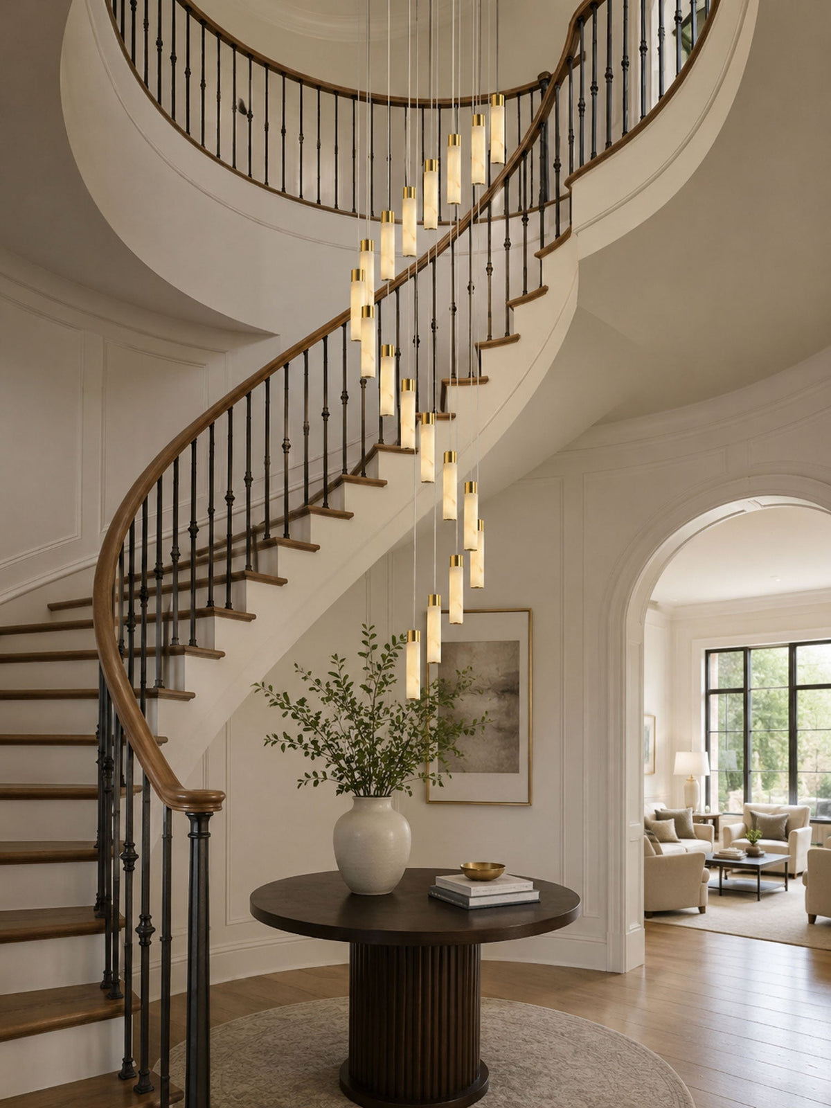 Celestial Alabaster Cascade Curated Alabaster Ch – spatial dining room perspective