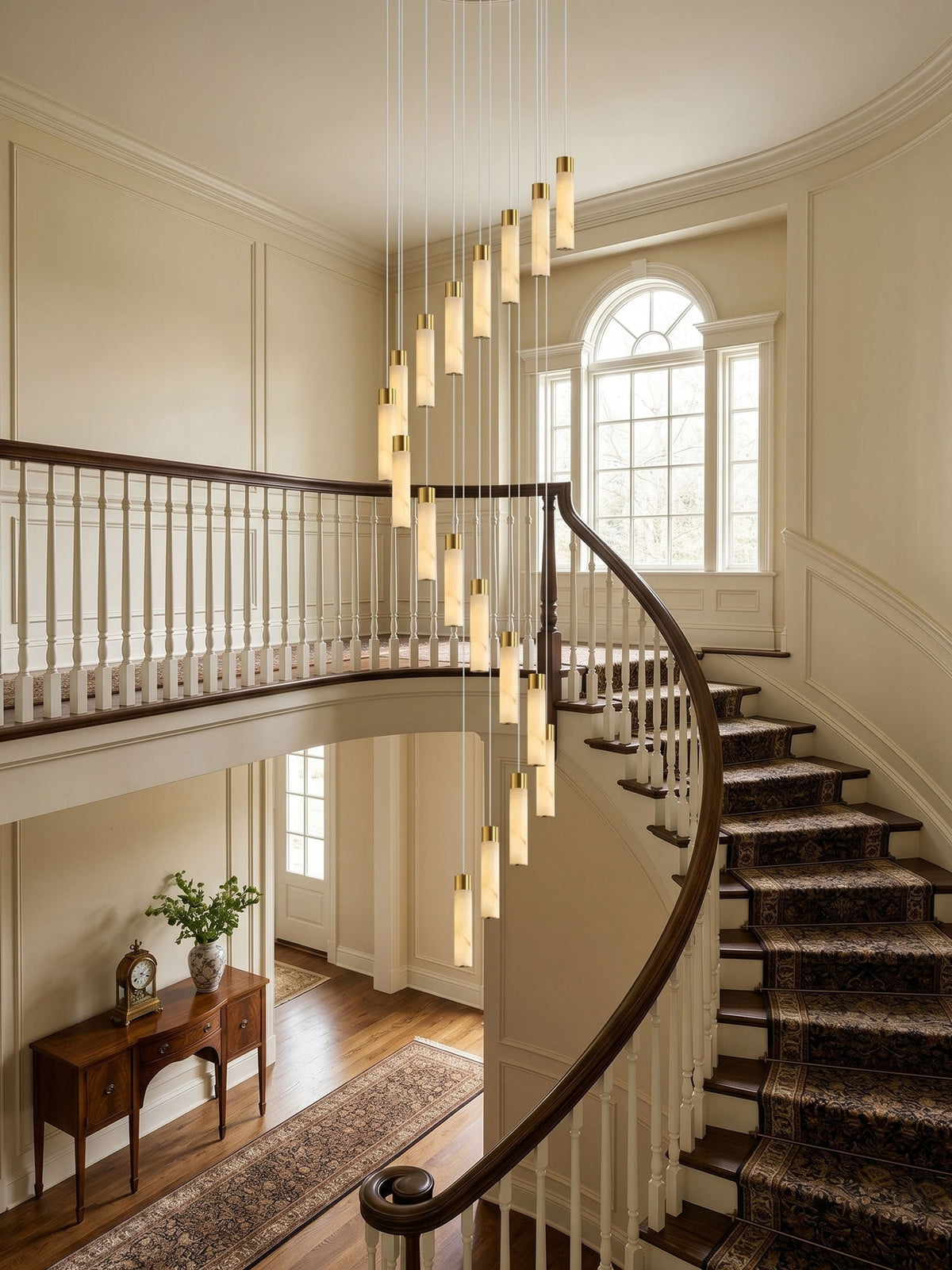 Celestial Alabaster Cascade Curated Alabaster Ch – illuminated warm ambiance setting