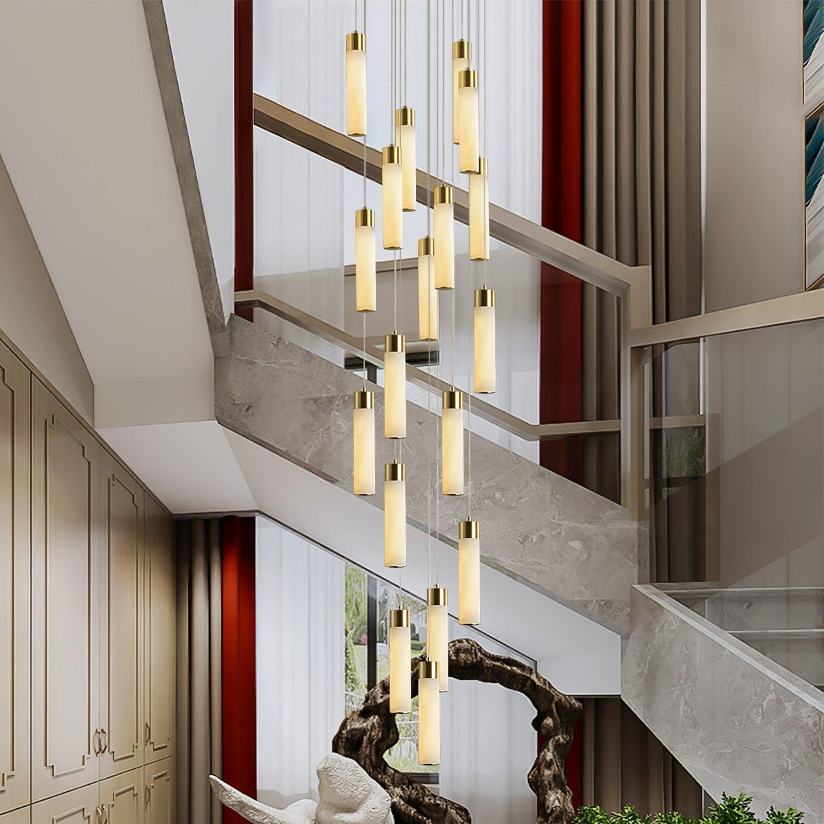Celestial Alabaster Cascade Curated Alabaster Ch warm illuminated room view
