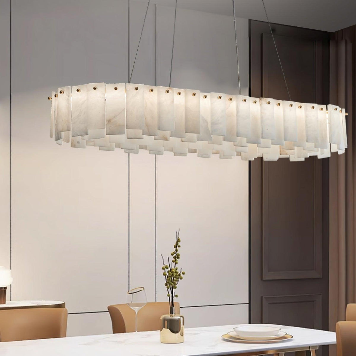 Celestial Alabaster Round Curated Alabaster Chan – illuminated warm ambiance setting