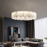 Celestial Alabaster Round Curated Alabaster Chan installed in residential dining space