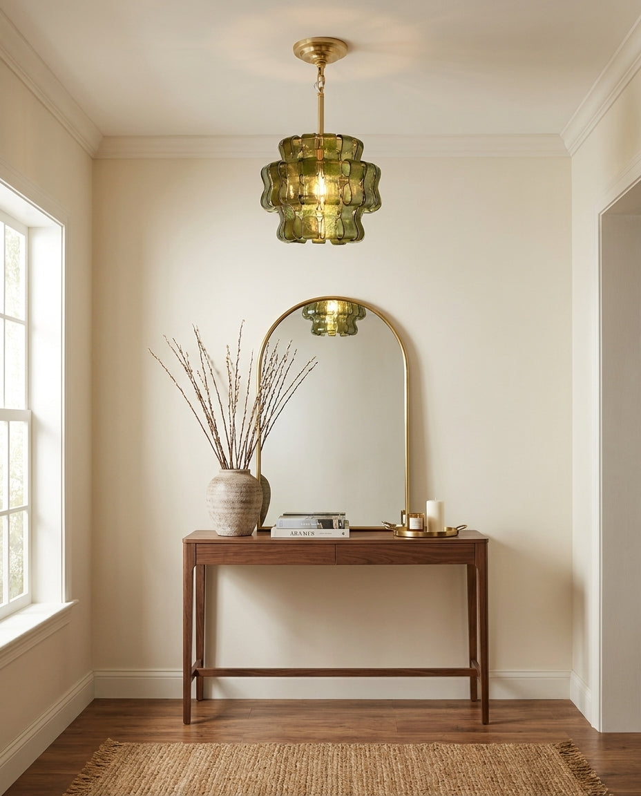 Cendrel Curated Amber Art Glass Flush Mount Ceil – illuminated warm ambiance setting