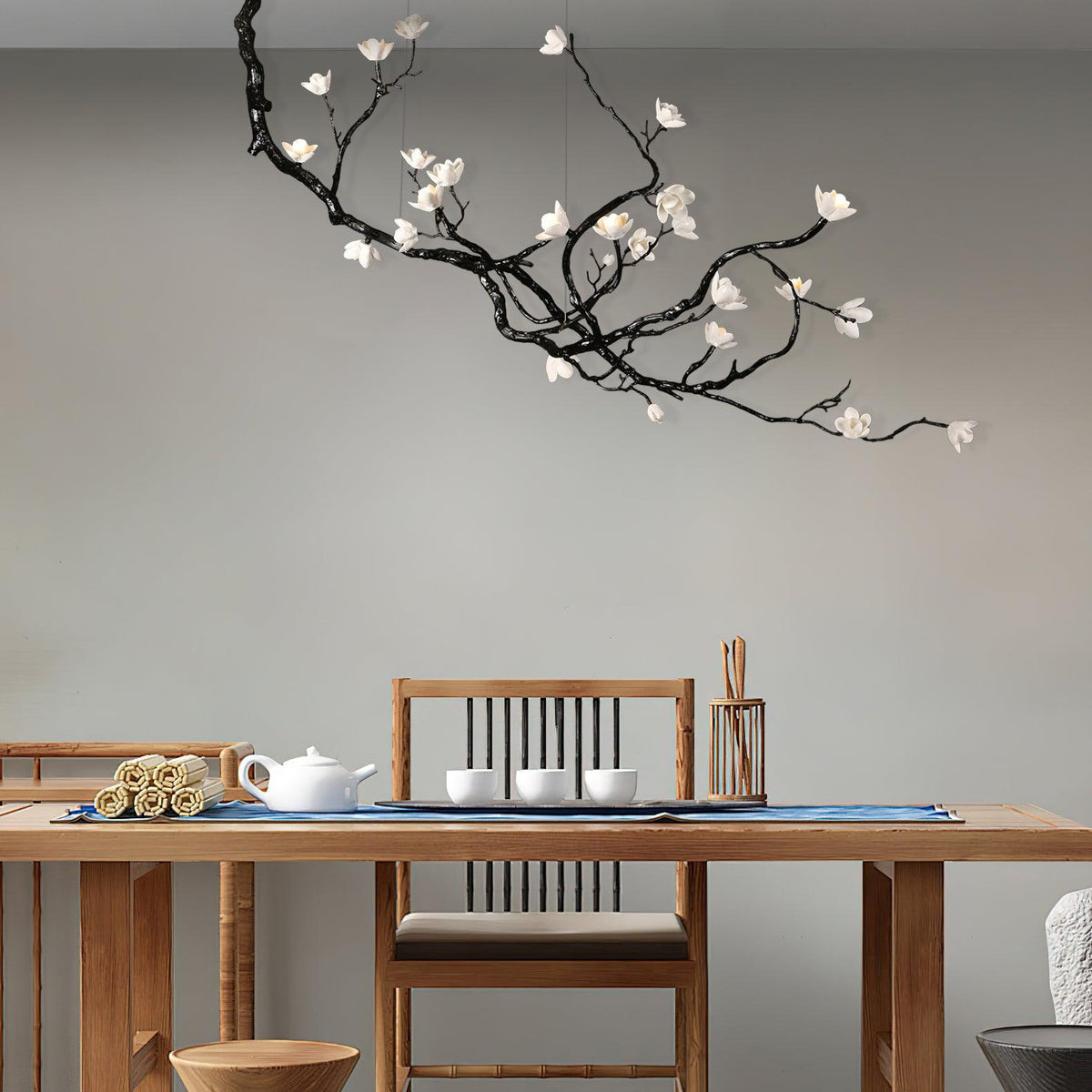 Ceramic Flower Curated Solid Brass Chandelier installed in residential dining space