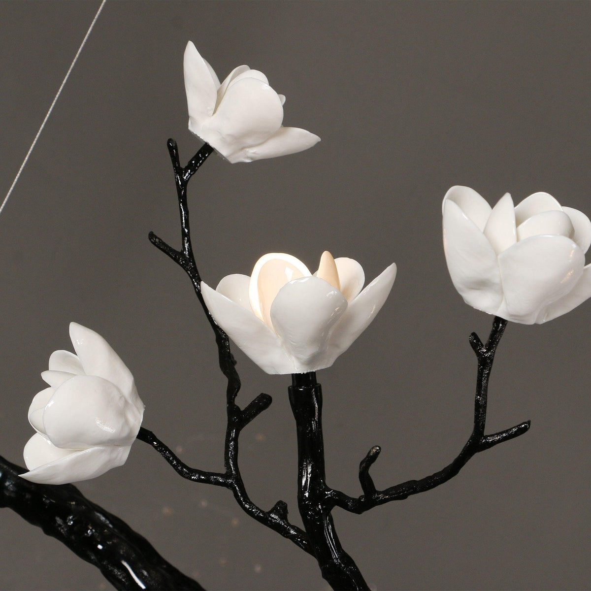 Ceramic Flower Curated Solid Brass Chandelier – unlit natural material contrast