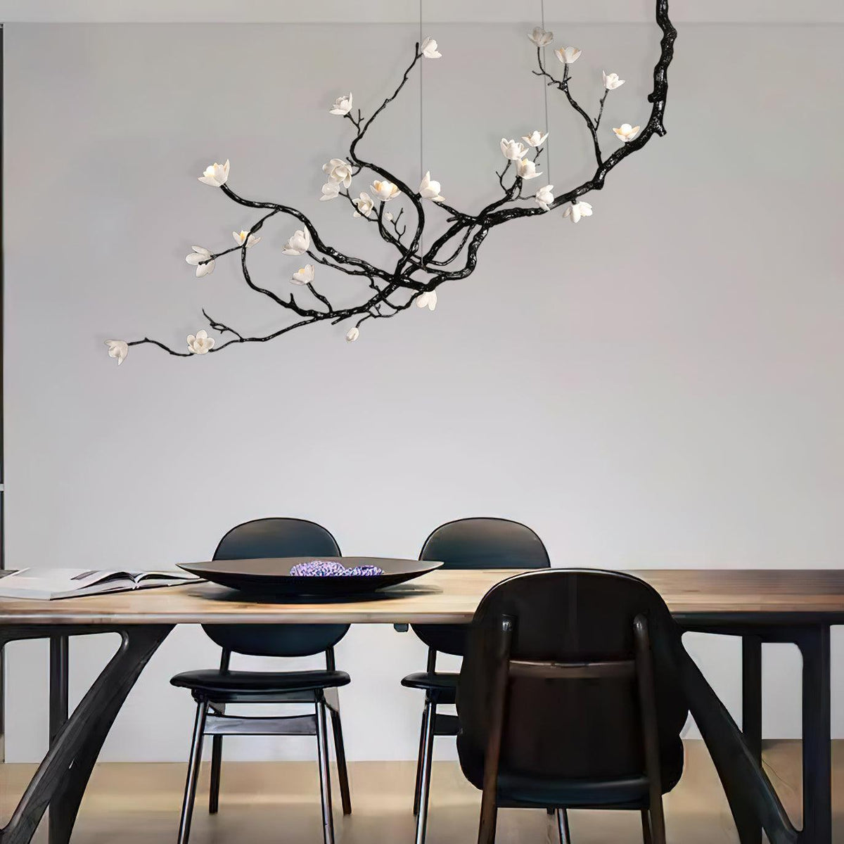 Ceramic Flower Curated Solid Brass Chandelier – illuminated warm ambiance setting