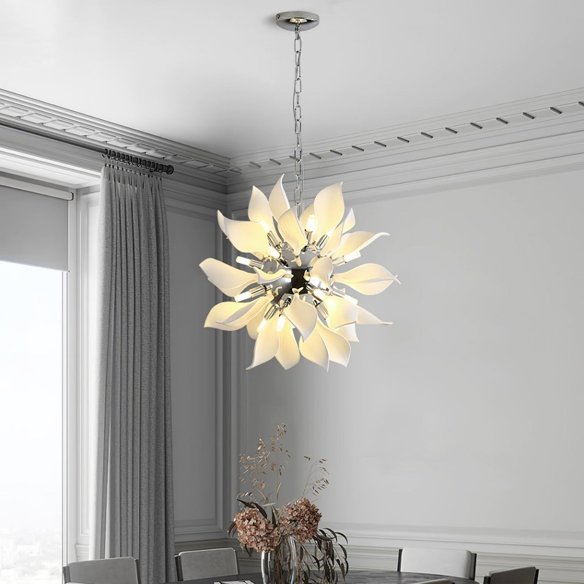 Petala Amber Art Glass Chandelier – spatial dining room perspective