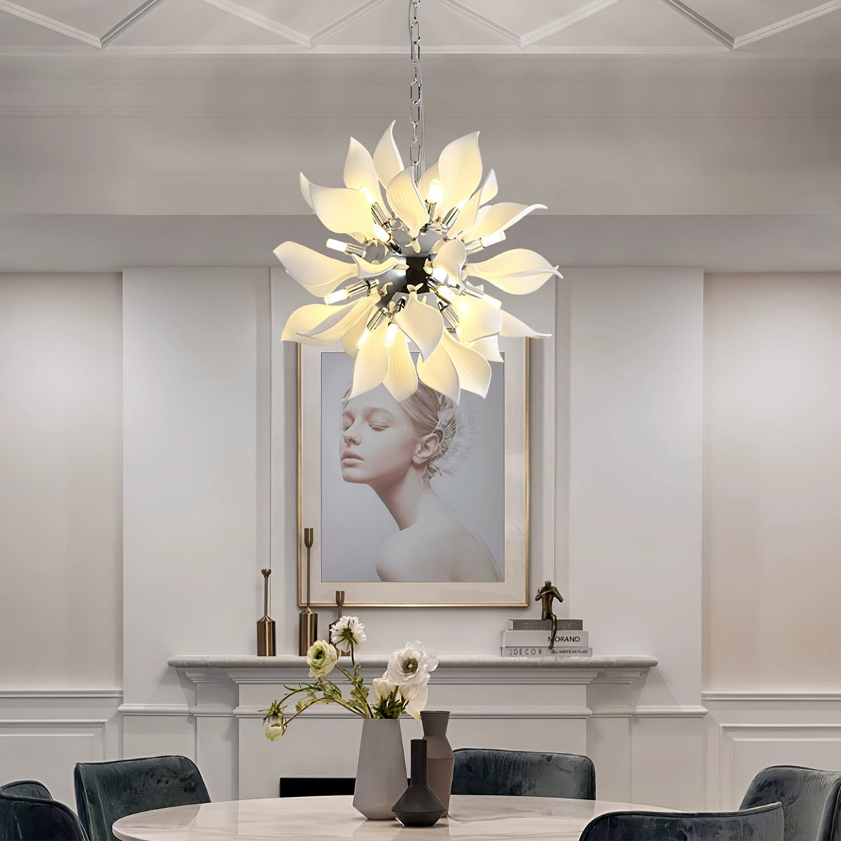 Petala Amber Art Glass Chandelier installed in residential dining space
