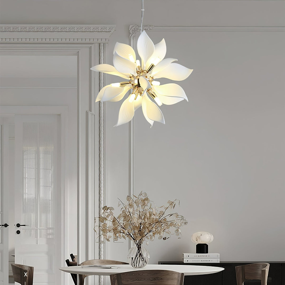 Petala Amber Art Glass Chandelier warm illuminated room view