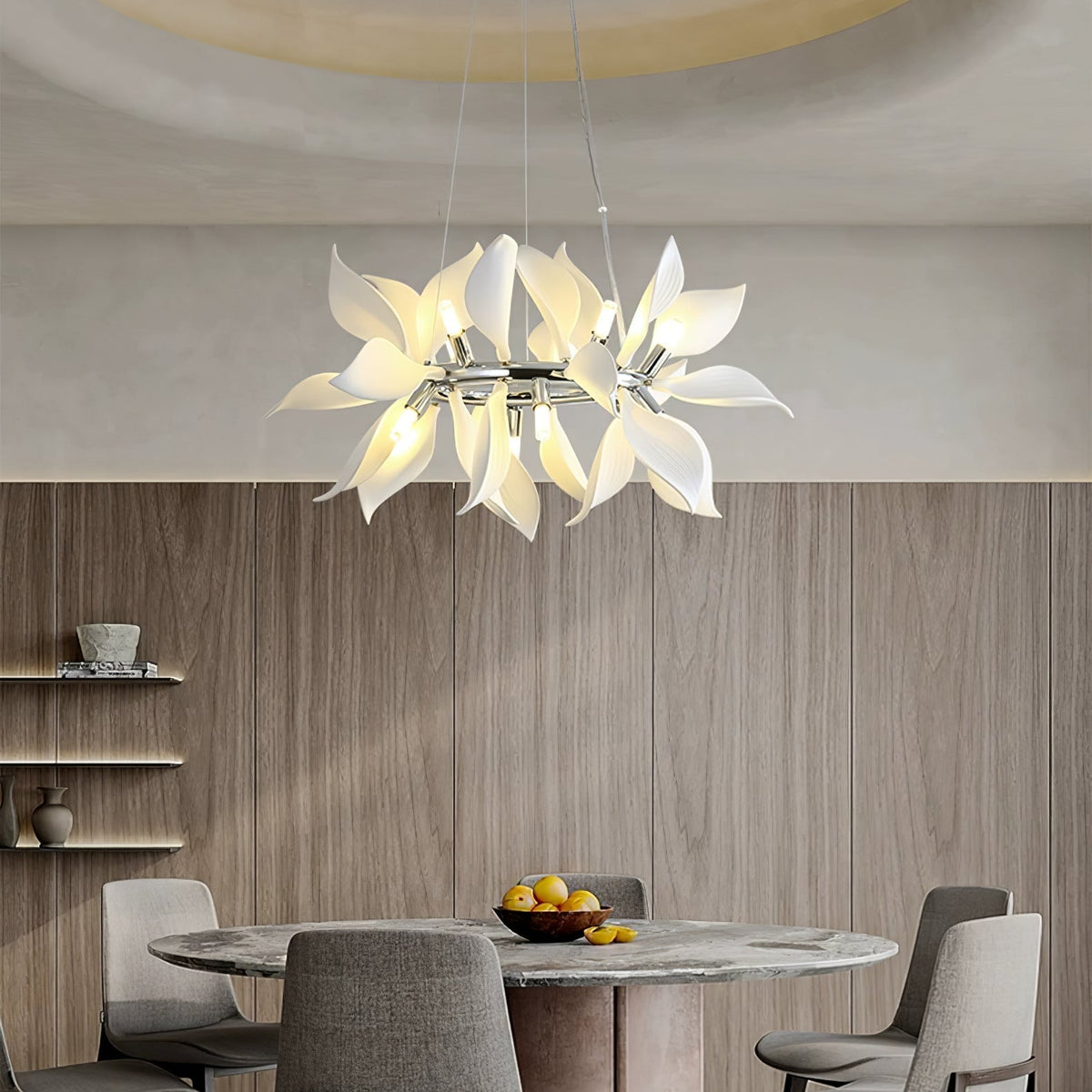 Petala Amber Art Glass Chandelier – illuminated warm ambiance setting