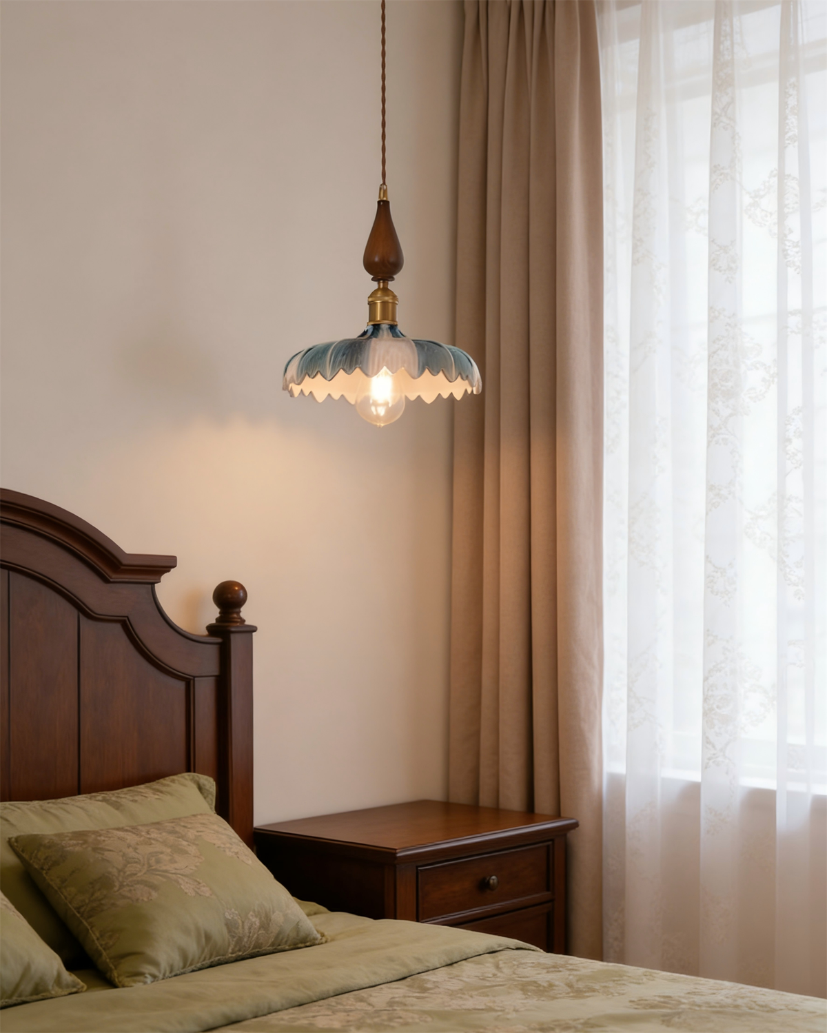 Cerulyn Curated Mouth-Blown Frosted Glass Pendan warm illuminated room view