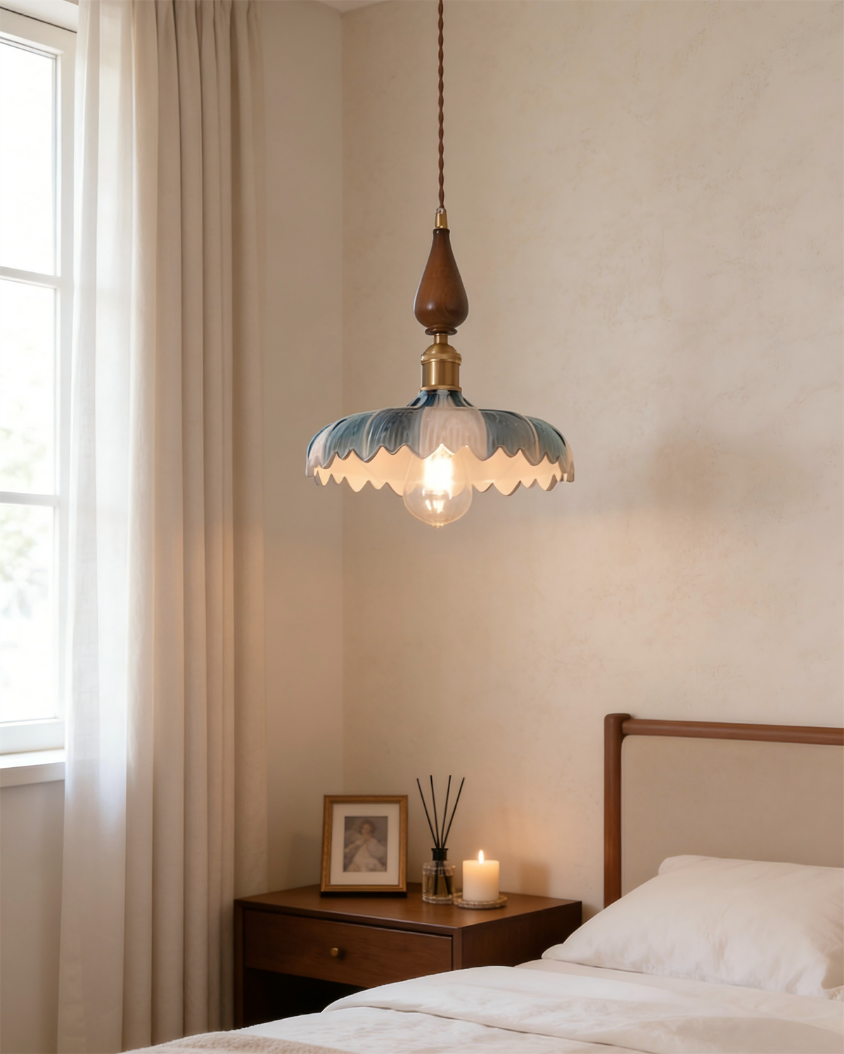 Cerulyn Curated Mouth-Blown Frosted Glass Pendan – unlit natural material contrast
