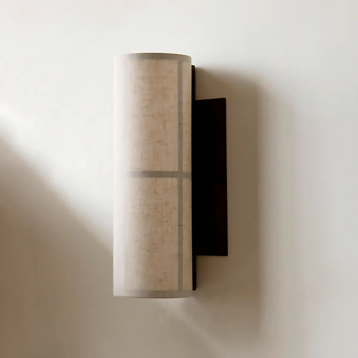 Spanish Alabaster Wall Lamp View 8 | Cylindrical Linen Fabric Wall Lamp | Wabi-Sabi Designer Sconce | JINSHE | JINSHE