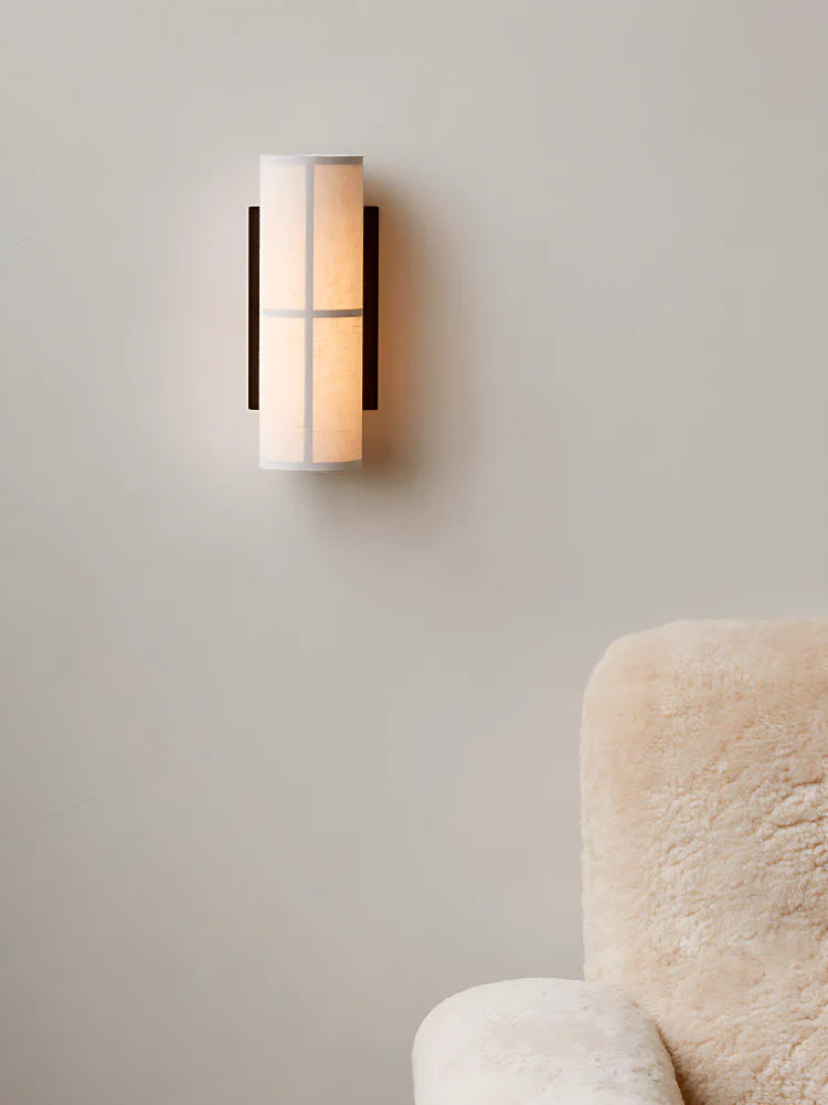 Spanish Alabaster Wall Lamp View 5 | Cylindrical Linen Fabric Wall Lamp | Wabi-Sabi Designer Sconce | JINSHE | JINSHE