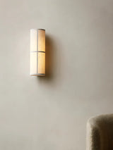 Spanish Alabaster Wall Lamp View 6 | Cylindrical Linen Fabric Wall Lamp | Wabi-Sabi Designer Sconce | JINSHE | JINSHE