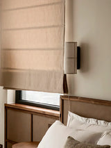 Spanish Alabaster Wall Lamp View 4 | Cylindrical Linen Fabric Wall Lamp | Wabi-Sabi Designer Sconce | JINSHE | JINSHE