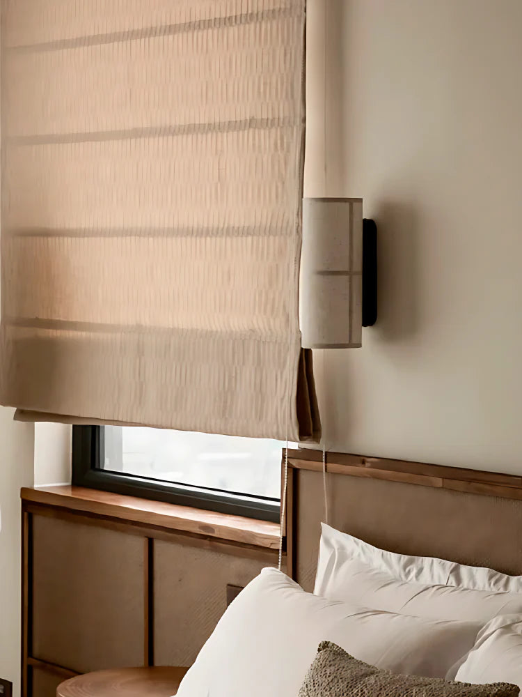 Spanish Alabaster Wall Lamp View 4 | Cylindrical Linen Fabric Wall Lamp | Wabi-Sabi Designer Sconce | JINSHE | JINSHE