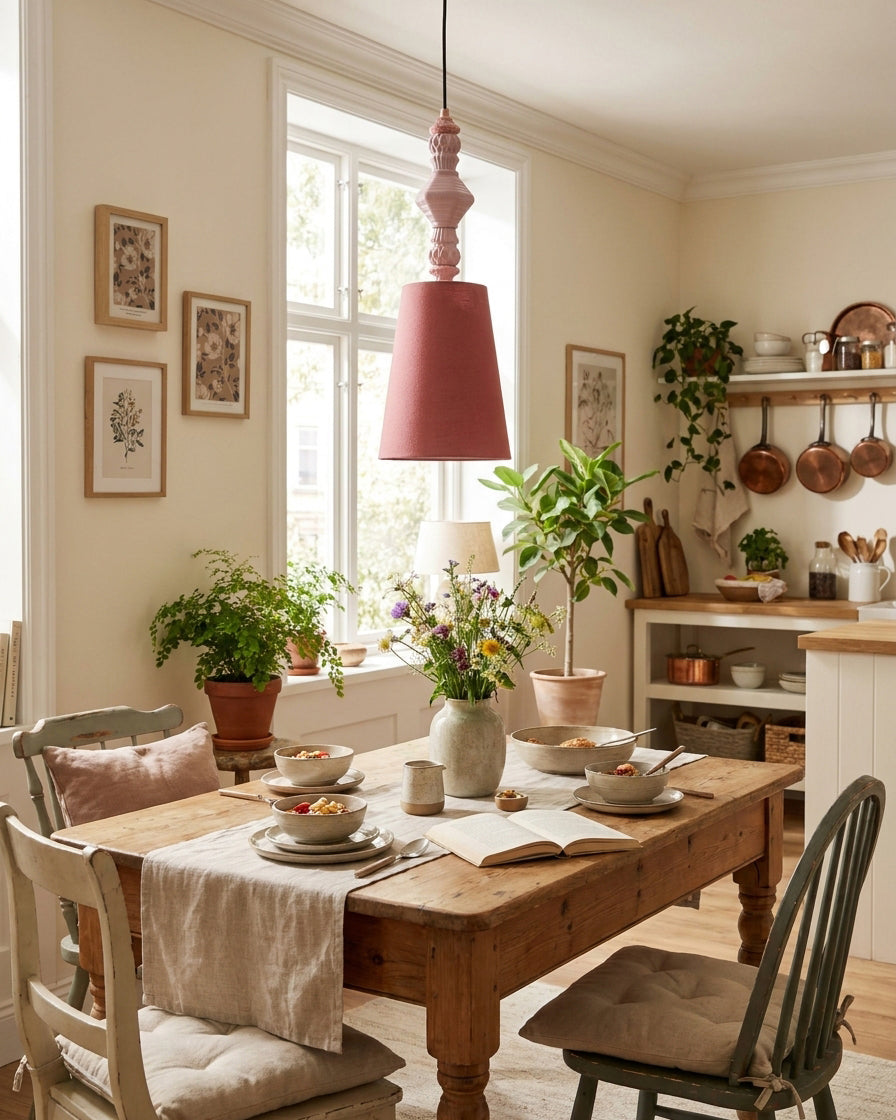 Cielora Curated Hand-Thrown Ceramic Pendant Ligh installed in residential dining space